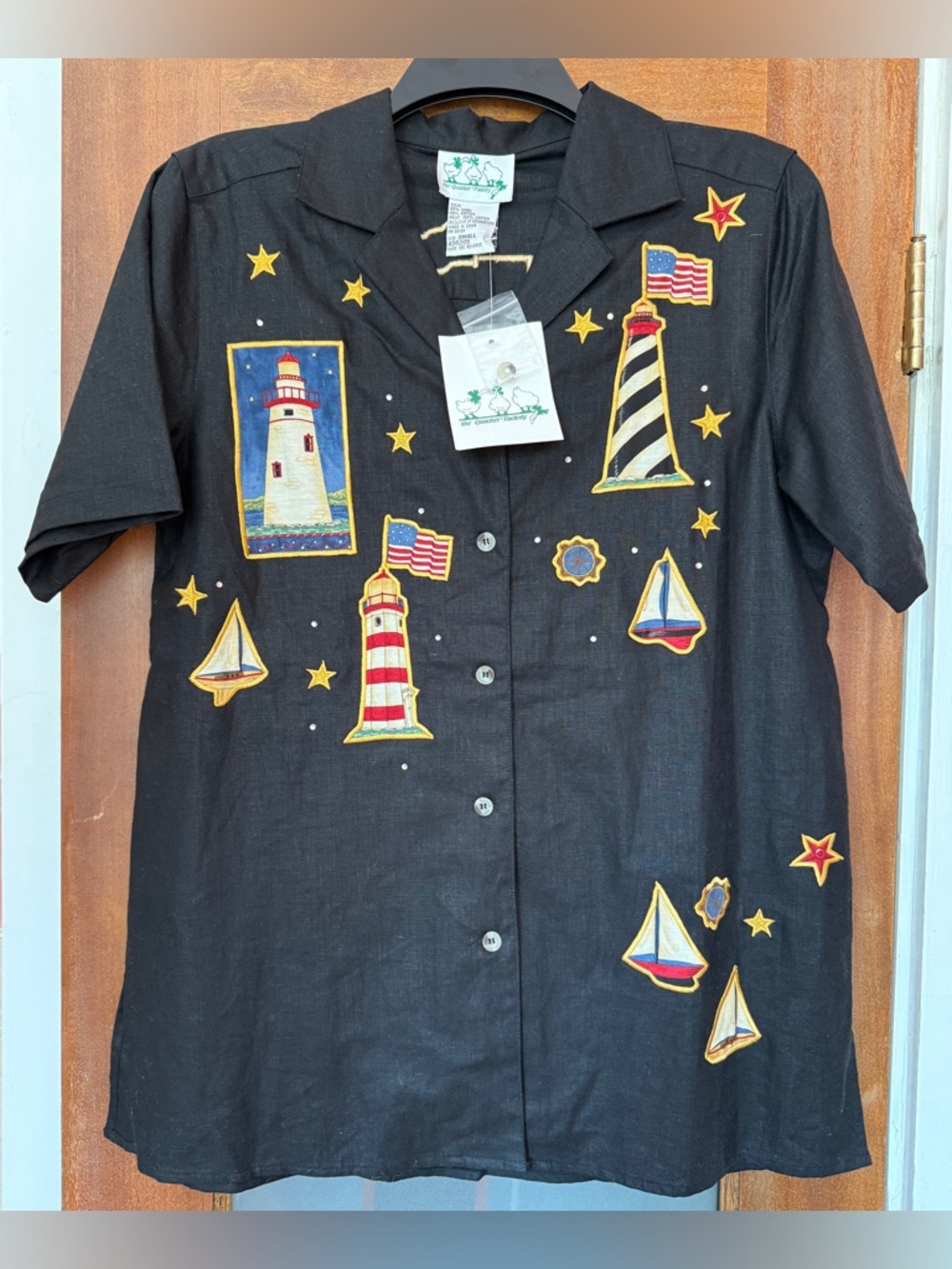 The Quacker Factory VINTAGE Black Linen Short Sleeve Nautical w Button Covers